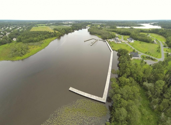 Aerial photo of the pier and boardwalk at The Village Down River in Salisbury MD
